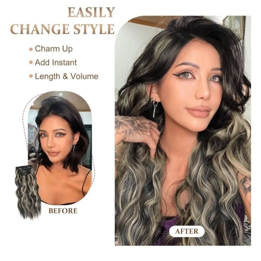 Vigorous Womens Clip-In Hair Extensions Black Mix Caramel 20 Inch Wavy Synthetic
